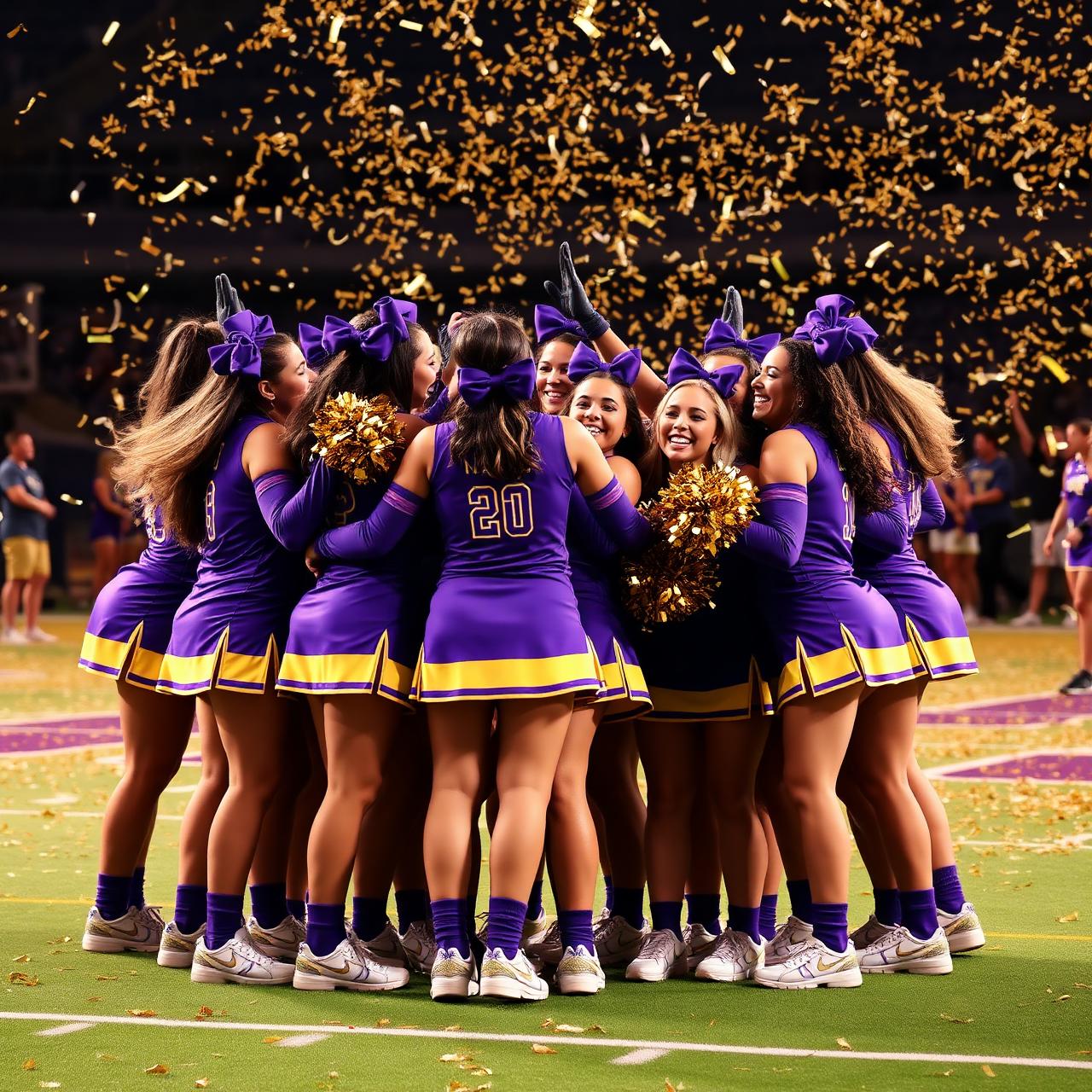 Cheer team celebrating with gold confetti